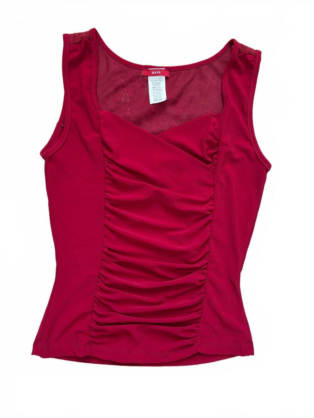 Vintage HAVE Tank Top Womens Size M Red Ruched Front Sleeveless Lace Mesh Yoke